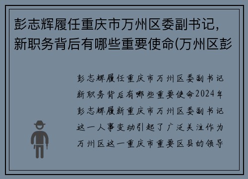 彭志辉履任重庆市万州区委副书记，新职务背后有哪些重要使命(万州区彭川)