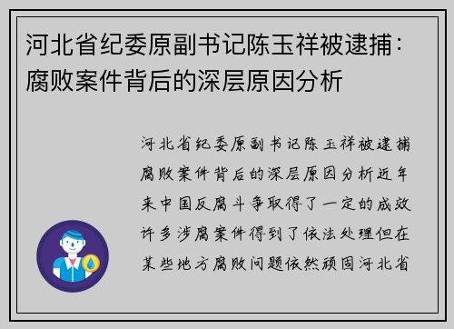河北省纪委原副书记陈玉祥被逮捕：腐败案件背后的深层原因分析