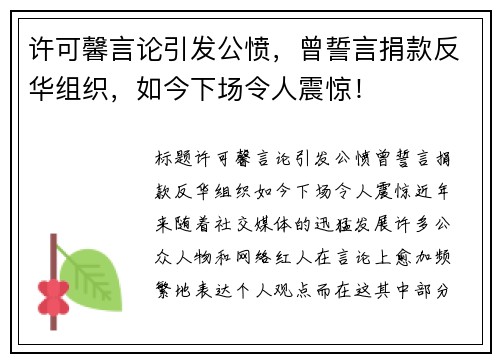 许可馨言论引发公愤，曾誓言捐款反华组织，如今下场令人震惊！