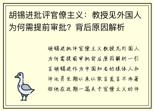 胡锡进批评官僚主义：教授见外国人为何需提前审批？背后原因解析