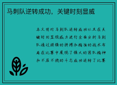 马刺队逆转成功，关键时刻显威