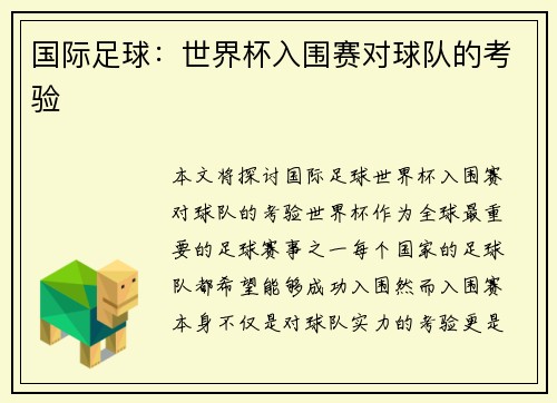 国际足球：世界杯入围赛对球队的考验