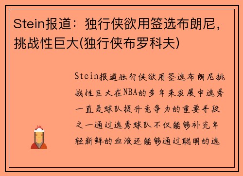 Stein报道：独行侠欲用签选布朗尼，挑战性巨大(独行侠布罗科夫)